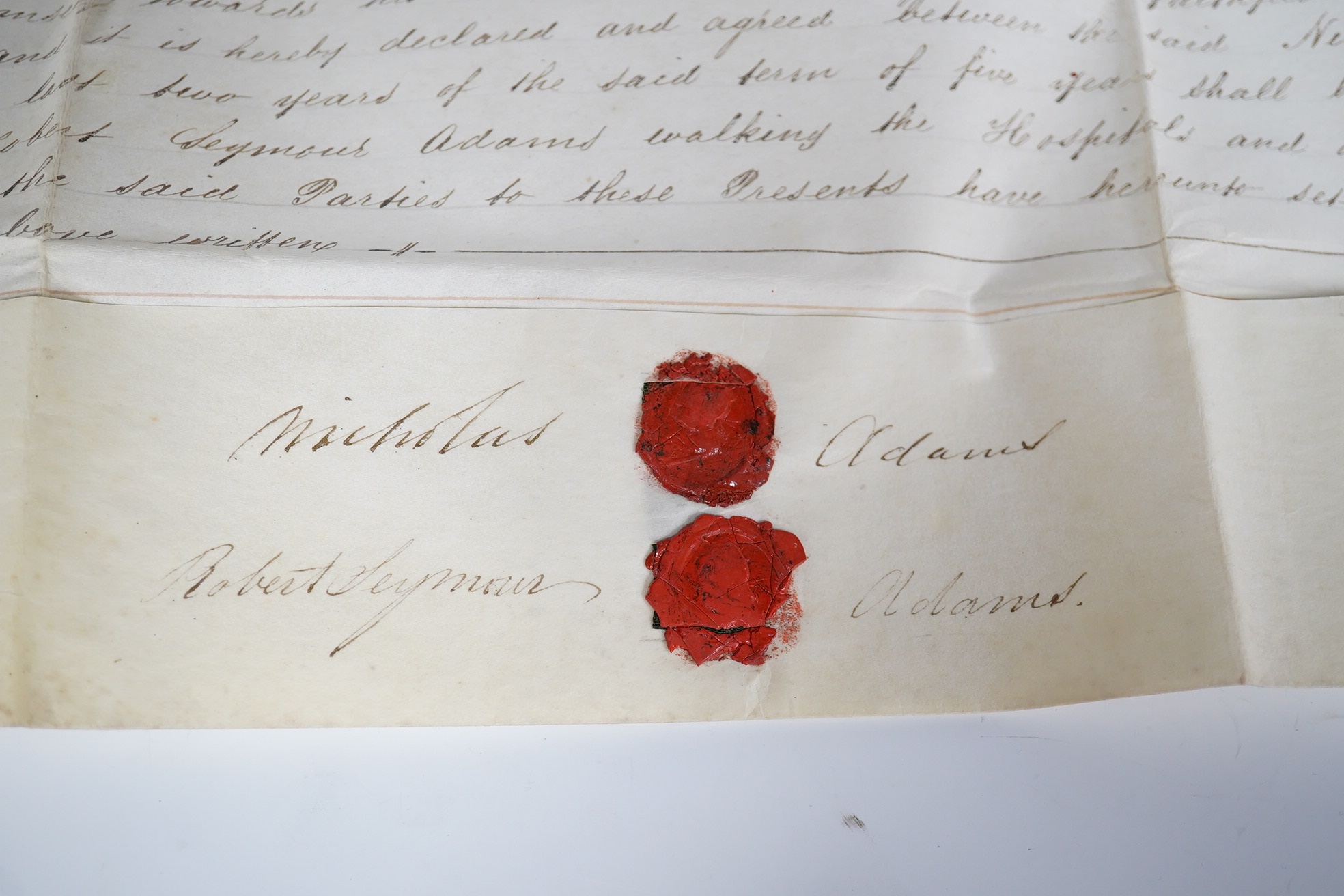A parchment Indenture of Apprenticeship as a Surgeon and Apothecary between Nicholas Adams and Robert Seymour Adams of Hampshire, dated 1849. Condition - fair